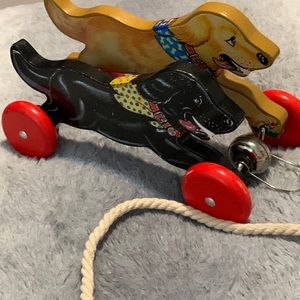 VTG Schylling Wooden Pull Toy Racing Dogs w/ Bell Black Lab & Golden Retriever